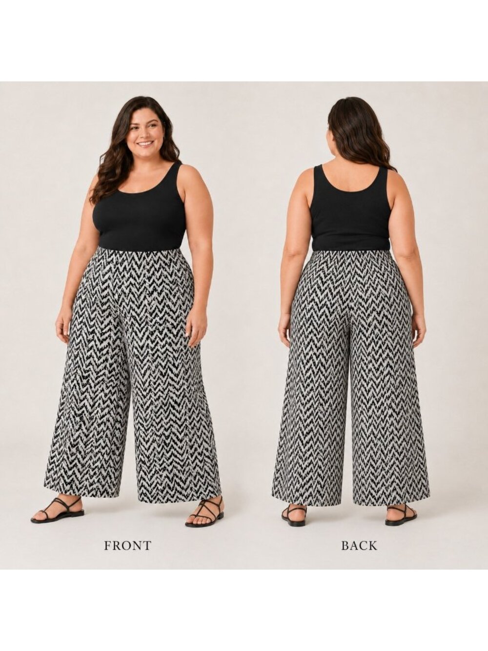Jennifer Lopez Palazzo Pants XL Black White Chevron Graphic Print Wide Leg Boho